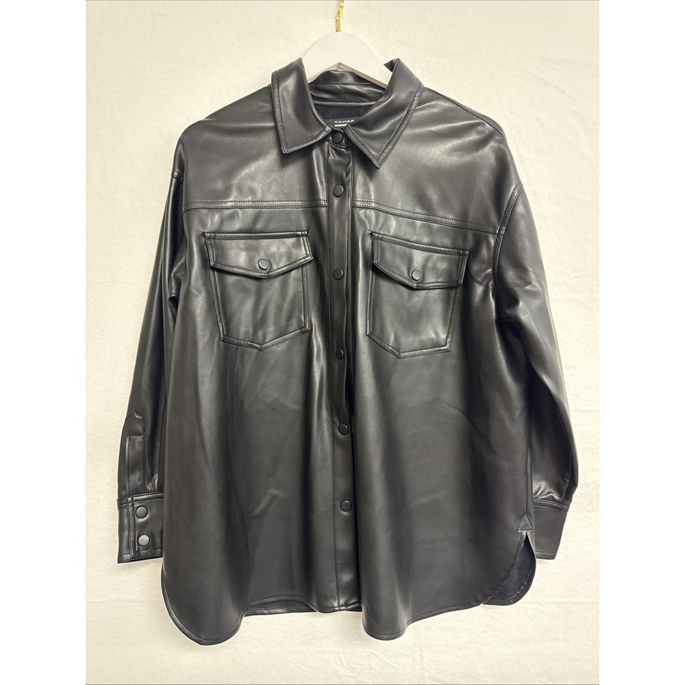 Tahari Faux Leather Shacket Jacket Plus size Women 1X Black Lined Pockets Layer